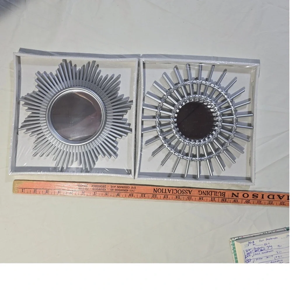 Set of 2 Silver Sunburst Wall Mirrors Decorative Round Accent Home Decor 10 inch